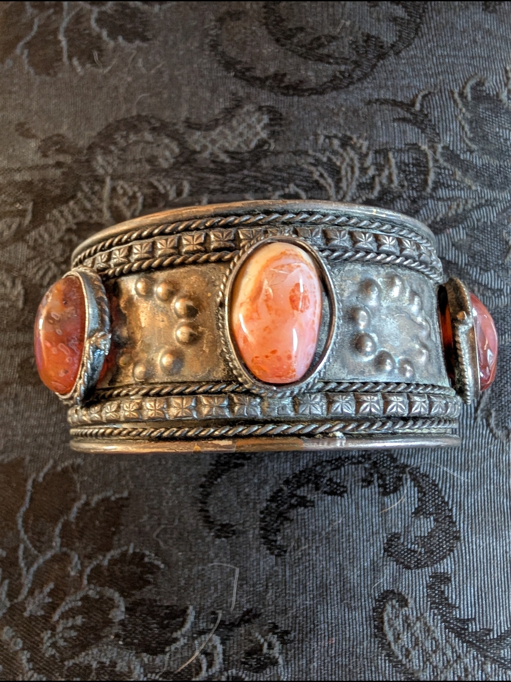 Vintage Handmade Silver Cuff Bracelet with Orange Carnelian Cabochons